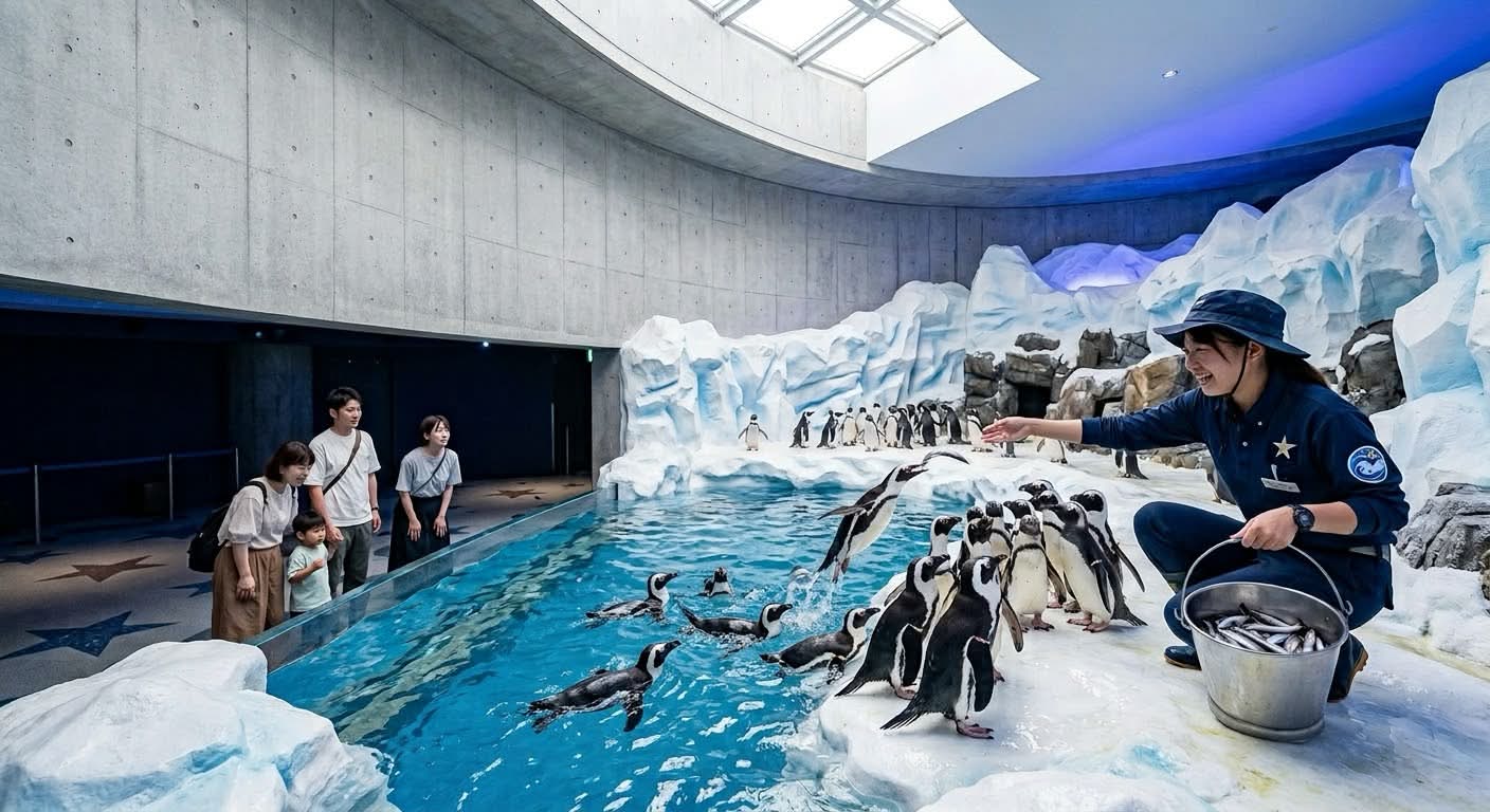 ペンギンの餌やりタイム